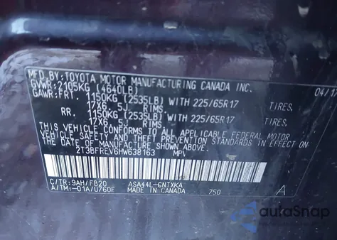 2017 Toyota Rav4 Le z USA, uszkodzony, nr VIN 2T3BFREV6HW638163